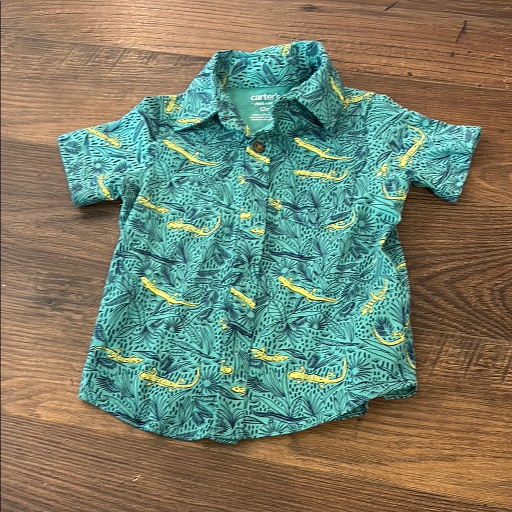 Carter's Green and Yellow Button Down Shirt with Tropical Print